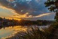 Sunset in Roudnice nad Labem town with old church and towers with Labe river