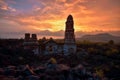 Sunset at the ruins of the temple of San Juan Parangaricutiro