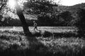 Sunset and running young man on spring meadow. Black and white photo Royalty Free Stock Photo