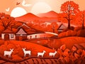 Sunset Rural Farming background for Asian agriculture concept Poster, Generative Ai