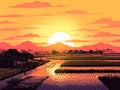 Sunset Rural Farming background for Asian agriculture concept Poster, Generative Ai