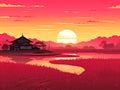 Sunset Rural Farming background for Asian agriculture concept Poster, Generative Ai