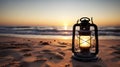 Sunset\'s Embrace Captures the Beauty of an Old Lantern on the Beach, Painting a Mesmerizing Picture. Generative AI