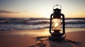 Sunset\'s Embrace Captures the Beauty of an Old Lantern on the Beach, Painting a Mesmerizing Picture. Generative AI