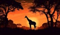 sunset safari silhouette wildlife nature elephant wild giraffe africa animal. Generative AI.