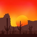 Sunset with Saguaro Cactus. Desert. Vector background. Royalty Free Stock Photo