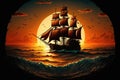 Sunset sail of a Spanish galleon on the open seas