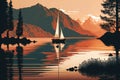 sunset sailboat on calm lake, with distant shore in view Royalty Free Stock Photo