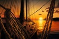 sunset sailboat docked with sails furled and mooring lines secured Royalty Free Stock Photo