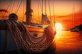 sunset sailboat docked with sails furled and mooring lines secured Royalty Free Stock Photo