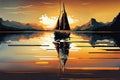 sunset sailboat floating on calm, glassy waters