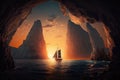 sunset sailboat glides past towering cliffs, with the sun sinking behind