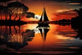 sunset sailboat glides past tranquil lake, with reflection of sunset sky