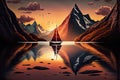 sunset sailboat gliding past tranquil lake surrounded by mountains