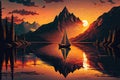 sunset sailboat gliding past tranquil lake surrounded by mountains