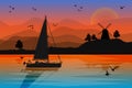 Sunset with sailboat, sunset, and hill. Silhouette of sail boat, shore with windmill and evening sky. Royalty Free Stock Photo