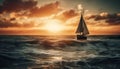 Sunset sailboat journey, tranquil horizon over water generated by AI