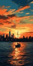 Sunset Sailboat In New York Harbor: Realistic Cityscape Illustration