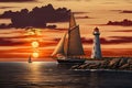 sunset sailboat racing past lighthouse on the horizon Royalty Free Stock Photo