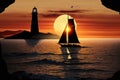 sunset sailboat racing past lighthouse on the horizon Royalty Free Stock Photo