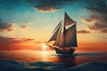 sunset sailboat with sails unfurled, gliding across the water