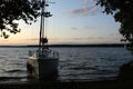 Sunset sailing yacht sailboat moored on a dead lake Royalty Free Stock Photo