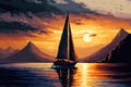 sunset sailsboat, with view of the majestic mountains in the distance Royalty Free Stock Photo