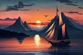 sunset sailsboat, with view of the majestic mountains in the distance Royalty Free Stock Photo