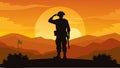 Sunset Salute A lone silhouette of a soldier saluting against the backdrop of a golden orange sky symbolizing the