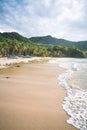 Sunset at sand beach with palm trees and ocean surf at El Nido bay, Palawan, Philippines Royalty Free Stock Photo