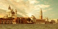 Santa Maria della Salute Basilica and St. Mark`s campanile in Venice, Italy