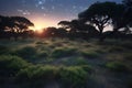 Sunset in the savannah of the National Park of Kenya, Africa