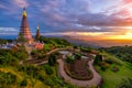 Sunset scence of two pagoda on the top of Inthanon mountain in d