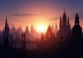 Sunset scene featuring an imaginative cityscape with towering, spired buildings and a Royalty Free Stock Photo