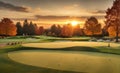 Sunset at the Golf Course - The sun sets on a putting green at the golf course in Autumn.