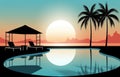 A sunset scene with lounge chairs and palm trees, AI