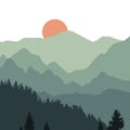 Sunset scene in nature with mountains and forest, silhouettes of trees and hills in the evening. Vector landscape. Royalty Free Stock Photo