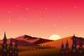 Sunset scene in nature with mountains and trees. Beautiful landscape of mountains and wild forest. Vector illustration Royalty Free Stock Photo