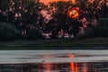 Sunset scene over lake, with sun coming down behind some trees and reflecting on water Royalty Free Stock Photo