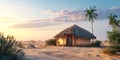 Sunset Scene Tropical Hut on Sandy Beach Royalty Free Stock Photo