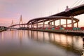 Sunset scenery of Bhumibol suspension bridge in Bangkok City Thailand, also known as the Industrial Ring Road over Chao Phraya Royalty Free Stock Photo