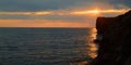 Sunset Scenery. Panoramic Ocean View. Summer Time. Glowing Water. Golden Hour. Calm Sea With Tiny Waves. Virgin Nature