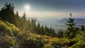 Sunset scenery on Smrk mountain in Moravskoslezske Beskydy in Czech republic with clear sky and only few clouds during late summer