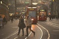 Sunset scenes from the center of Bern with people on the street, tourist sights and legendary trams or buses.