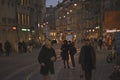 Sunset scenes from the center of Bern with people on the street, tourist sights and legendary trams or buses.