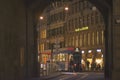 Sunset scenes from the center of Bern with people on the street, tourist sights and legendary trams or buses.