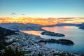 Sunset scenic view of Queenstown and The Remarkables, Queenstown, New Zealand. Royalty Free Stock Photo