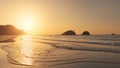 Sunset at sea bay waves aerial. Sun silhouette of rock islands at ocean gulf. Seascape of Philippine