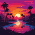 Dark palm tree silhouettes on colorful tropical ocean sunset background, vector illustration
