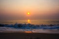 Sunset on sea. Bright sun on sky. beach landscape Royalty Free Stock Photo